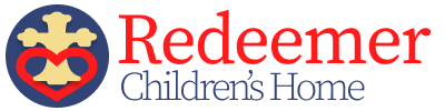 Redeemer Children's Home's logo written in text. In a navy blue circle there is a yellow cross inside of a red heart outline.