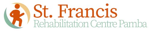 Logo for St. Francis Rehabilitation Centre Pamba with the text written in orange and mint green. Next to the logo is a graphic of a person walking confidently.